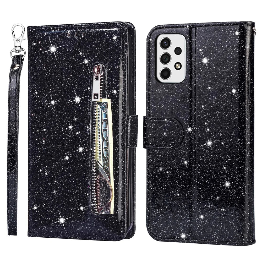 For Samsung Galaxy A53 5G Glitter Sequins PU Leather + TPU Full Protection Stand Wallet Case with Zipper Pocket and Hand Strap - Black - 1