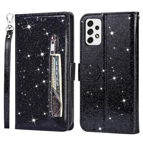 For Samsung Galaxy A53 5G Glitter Sequins PU Leather + TPU Full Protection Stand Wallet Case with Zipper Pocket and Hand Strap - Black - 1