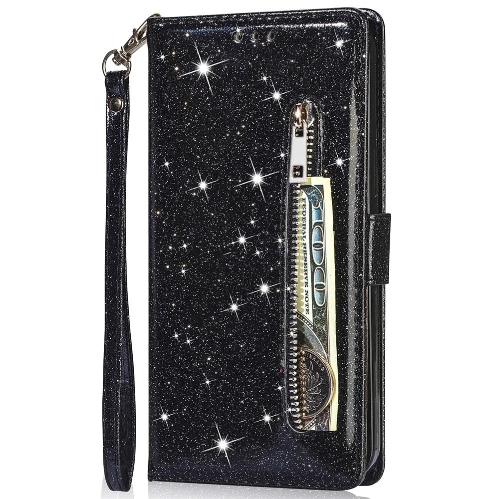 For Samsung Galaxy A53 5G Glitter Sequins PU Leather + TPU Full Protection Stand Wallet Case with Zipper Pocket and Hand Strap - Black - 2