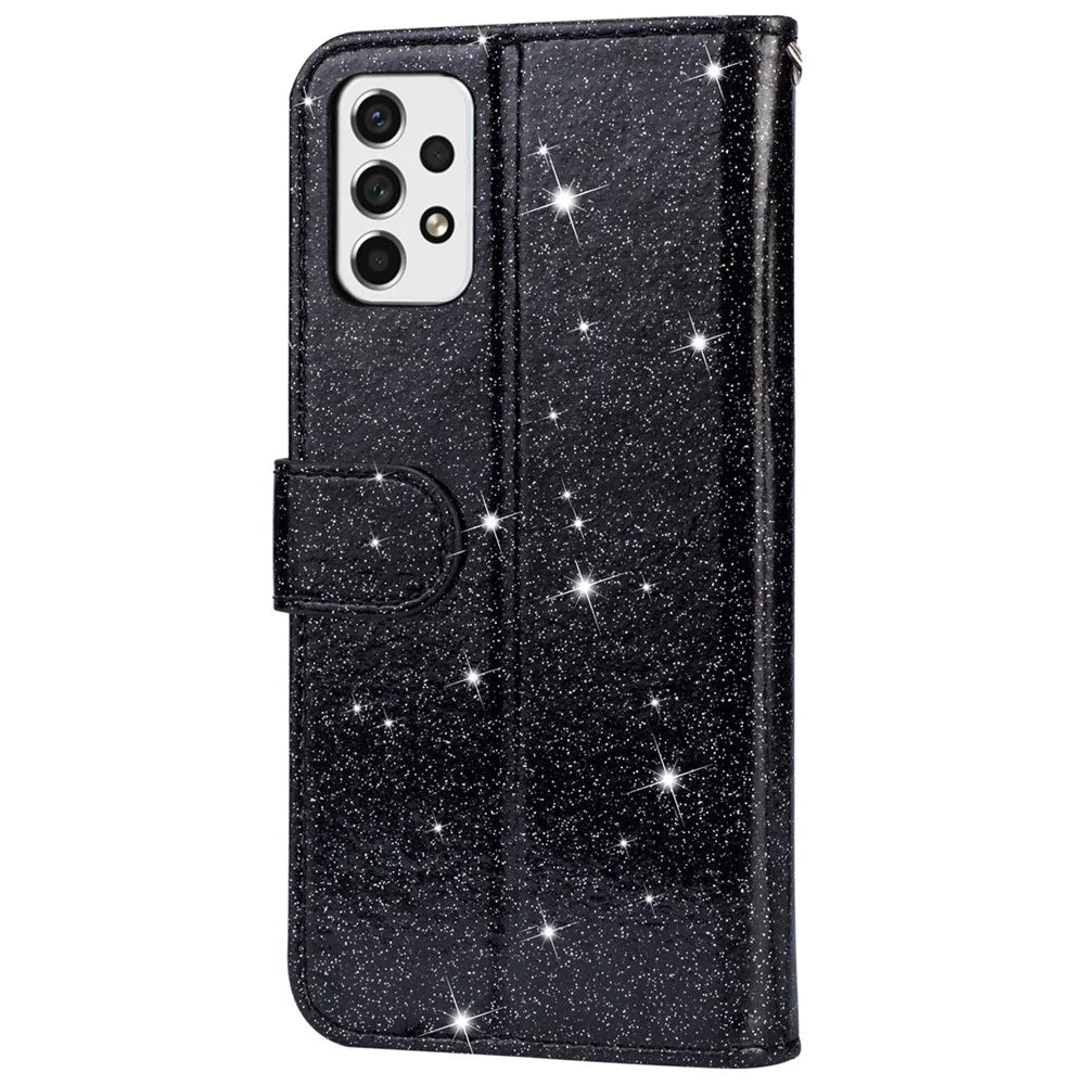 For Samsung Galaxy A53 5G Glitter Sequins PU Leather + TPU Full Protection Stand Wallet Case with Zipper Pocket and Hand Strap - Black - 3