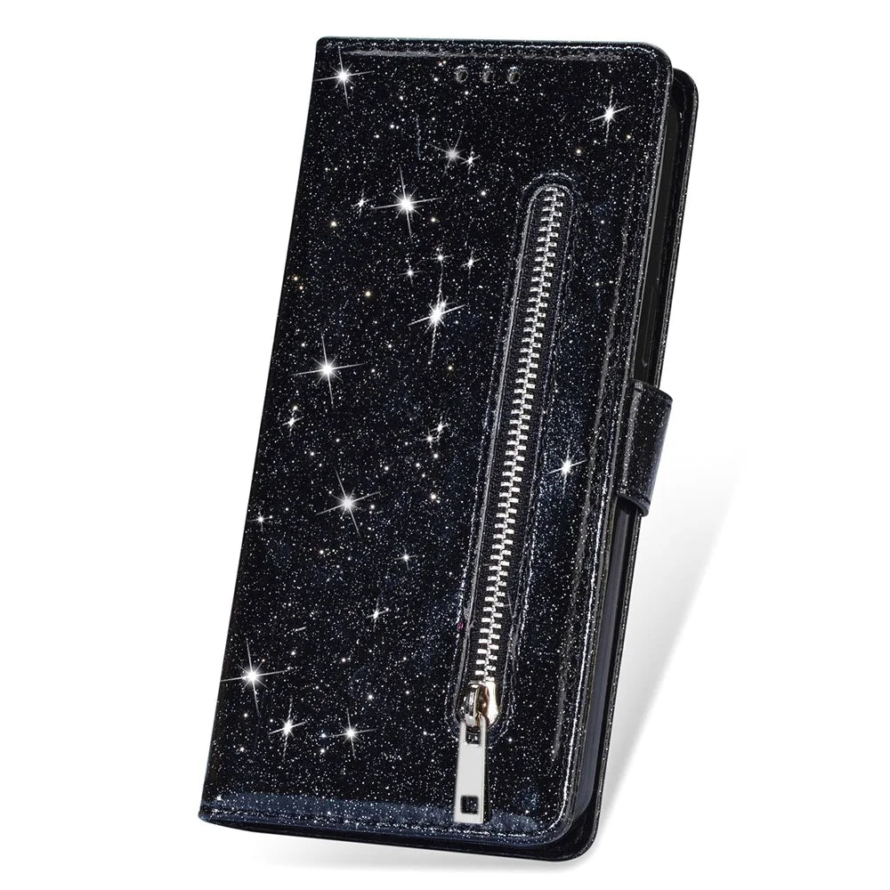 For Samsung Galaxy A53 5G Glitter Sequins PU Leather + TPU Full Protection Stand Wallet Case with Zipper Pocket and Hand Strap - Black - 6