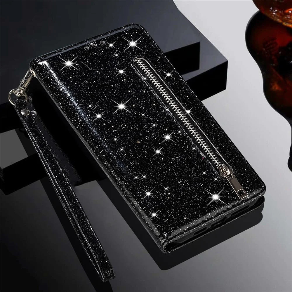 For Samsung Galaxy A53 5G Glitter Sequins PU Leather + TPU Full Protection Stand Wallet Case with Zipper Pocket and Hand Strap - Black - 7