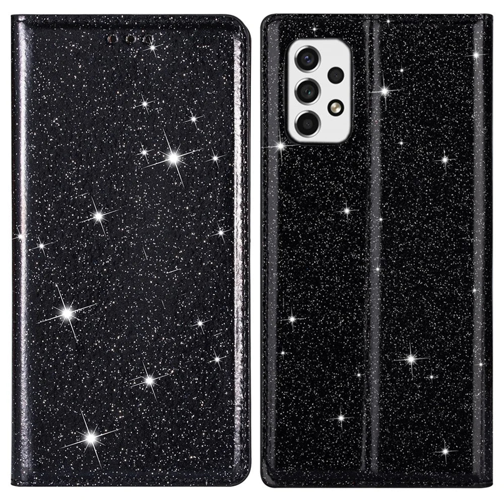 For Samsung Galaxy A53 5G Glitter Sequins Ultra-thin PU Leather + TPU Case Stand Card Holder Phone Cover - Black - 1
