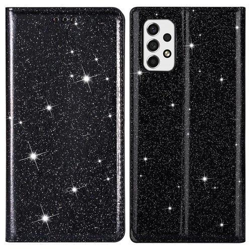 For Samsung Galaxy A53 5G Glitter Sequins Ultra-thin PU Leather + TPU Case Stand Card Holder Phone Cover - Black - 1