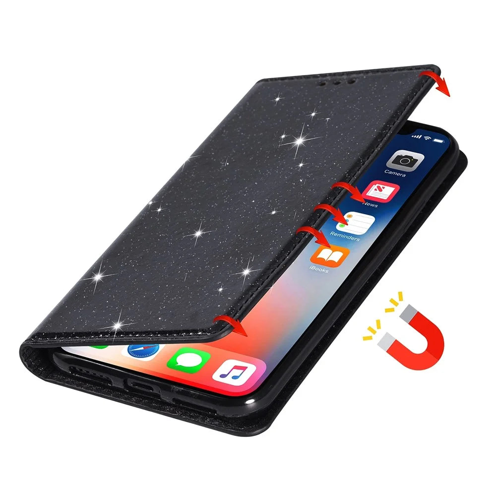 For Samsung Galaxy A53 5G Glitter Sequins Ultra-thin PU Leather + TPU Case Stand Card Holder Phone Cover - Black - 7