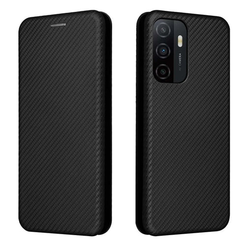 For Samsung Galaxy A33 5G Magnetic Auto-absorbed Carbon Fiber Texture Leather Stand Phone Protective Cover Case with Card Slot - Black - 1