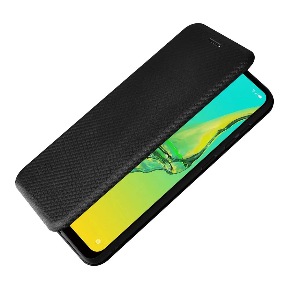 For Samsung Galaxy A33 5G Magnetic Auto-absorbed Carbon Fiber Texture Leather Stand Phone Protective Cover Case with Card Slot - Black - 6