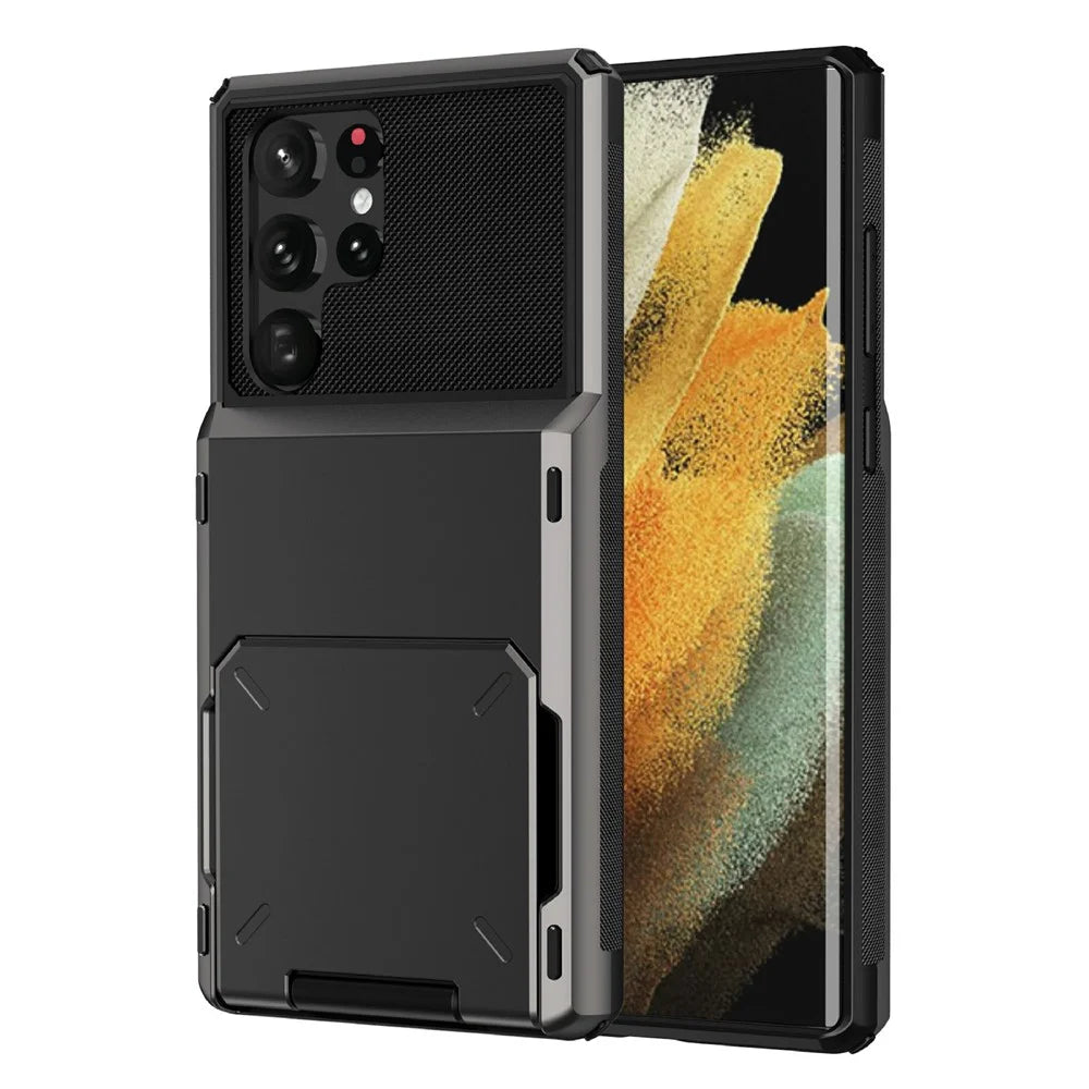 Flip Card Holder Drop Resistant Phone Protector TPU + PC Hybrid Phone Case for Samsung Galaxy S22 Ultra 5G - Grey - 1