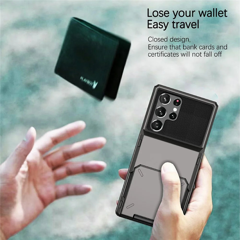 Flip Card Holder Drop Resistant Phone Protector TPU + PC Hybrid Phone Case for Samsung Galaxy S22 Ultra 5G - Grey - 2