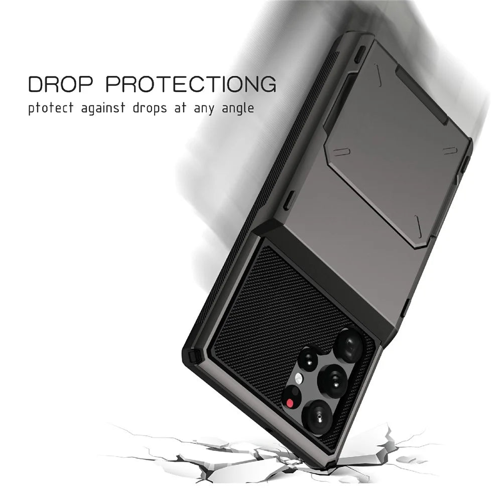 Flip Card Holder Drop Resistant Phone Protector TPU + PC Hybrid Phone Case for Samsung Galaxy S22 Ultra 5G - Grey - 7