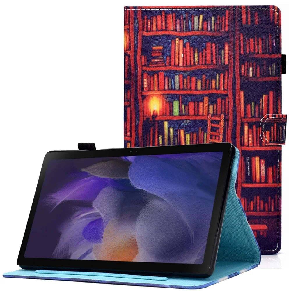 For Samsung Galaxy Tab A8 10.5 (2021) SM-X200 / SM-X205 Case Pattern Printing Stitching PU Leather Cover with Pen Holder - Bookshelf - 1