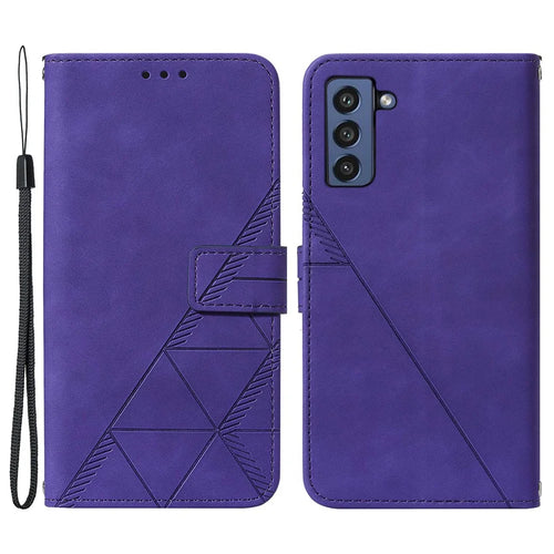 Lines Imprinted PU Leather Wrist Strap Wallet Stand Case Soft TPU Shockproof Protective Flip Cover for Samsung Galaxy S21 FE 5G - Purple - 1