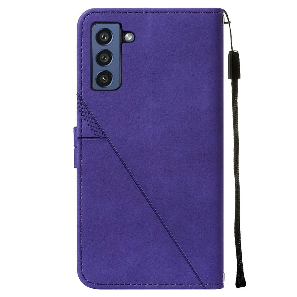 Lines Imprinted PU Leather Wrist Strap Wallet Stand Case Soft TPU Shockproof Protective Flip Cover for Samsung Galaxy S21 FE 5G - Purple - 3