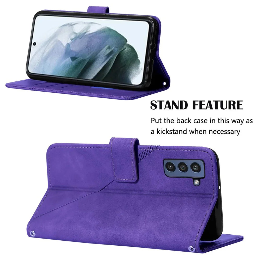 Lines Imprinted PU Leather Wrist Strap Wallet Stand Case Soft TPU Shockproof Protective Flip Cover for Samsung Galaxy S21 FE 5G - Purple - 4
