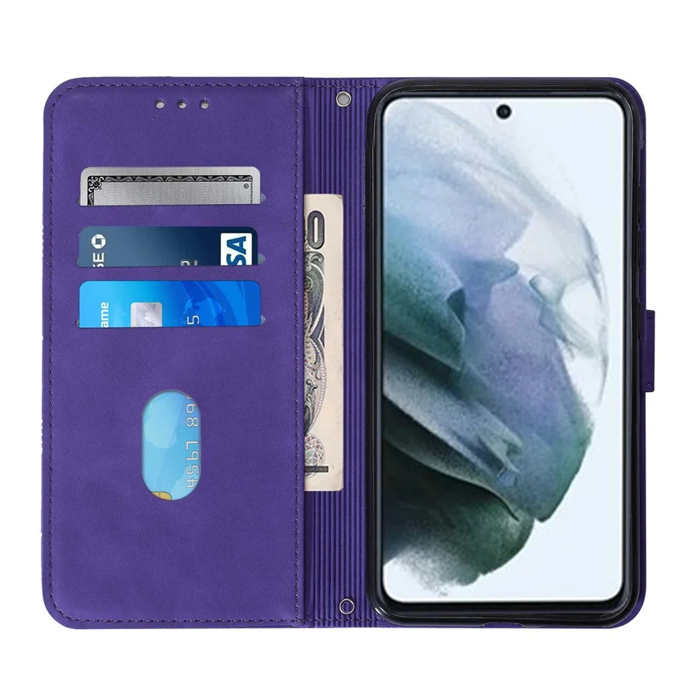 Lines Imprinted PU Leather Wrist Strap Wallet Stand Case Soft TPU Shockproof Protective Flip Cover for Samsung Galaxy S21 FE 5G - Purple - 5