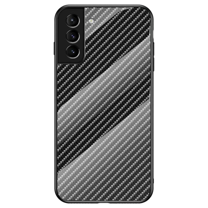 Carbon Fiber Texture Thin Light Tempered Glass Back Anti-Scratch PC+TPU Case Protective Cover for Samsung Galaxy S22 5G - Black - 1