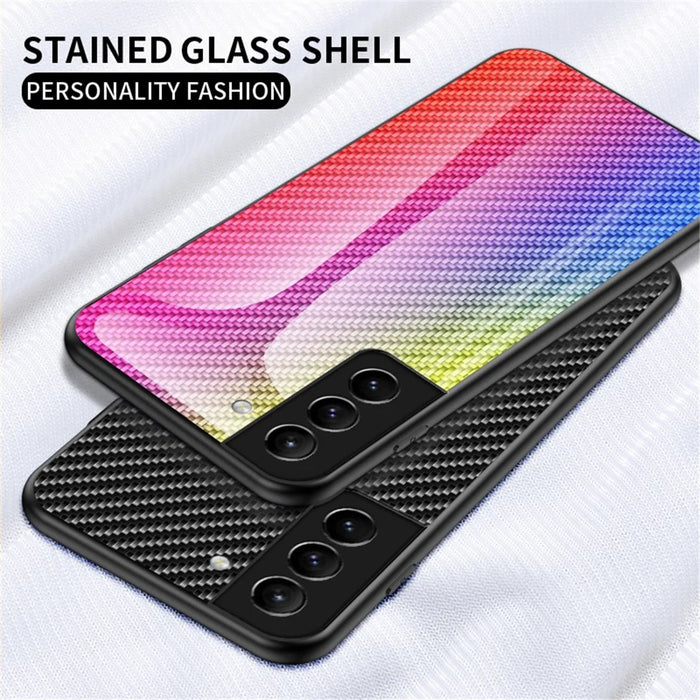 Carbon Fiber Texture Thin Light Tempered Glass Back Anti-Scratch PC+TPU Case Protective Cover for Samsung Galaxy S22 5G - Black - 2