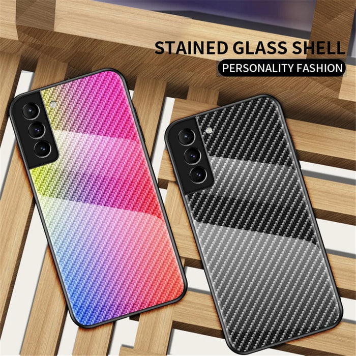 Carbon Fiber Texture Thin Light Tempered Glass Back Anti-Scratch PC+TPU Case Protective Cover for Samsung Galaxy S22 5G - Black - 3