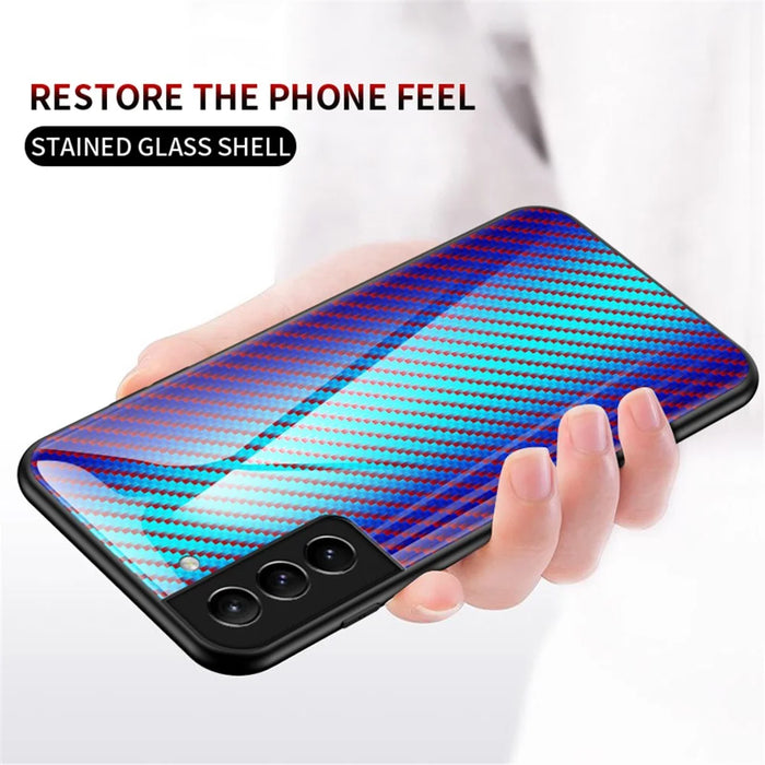 Carbon Fiber Texture Thin Light Tempered Glass Back Anti-Scratch PC+TPU Case Protective Cover for Samsung Galaxy S22 5G - Black - 6