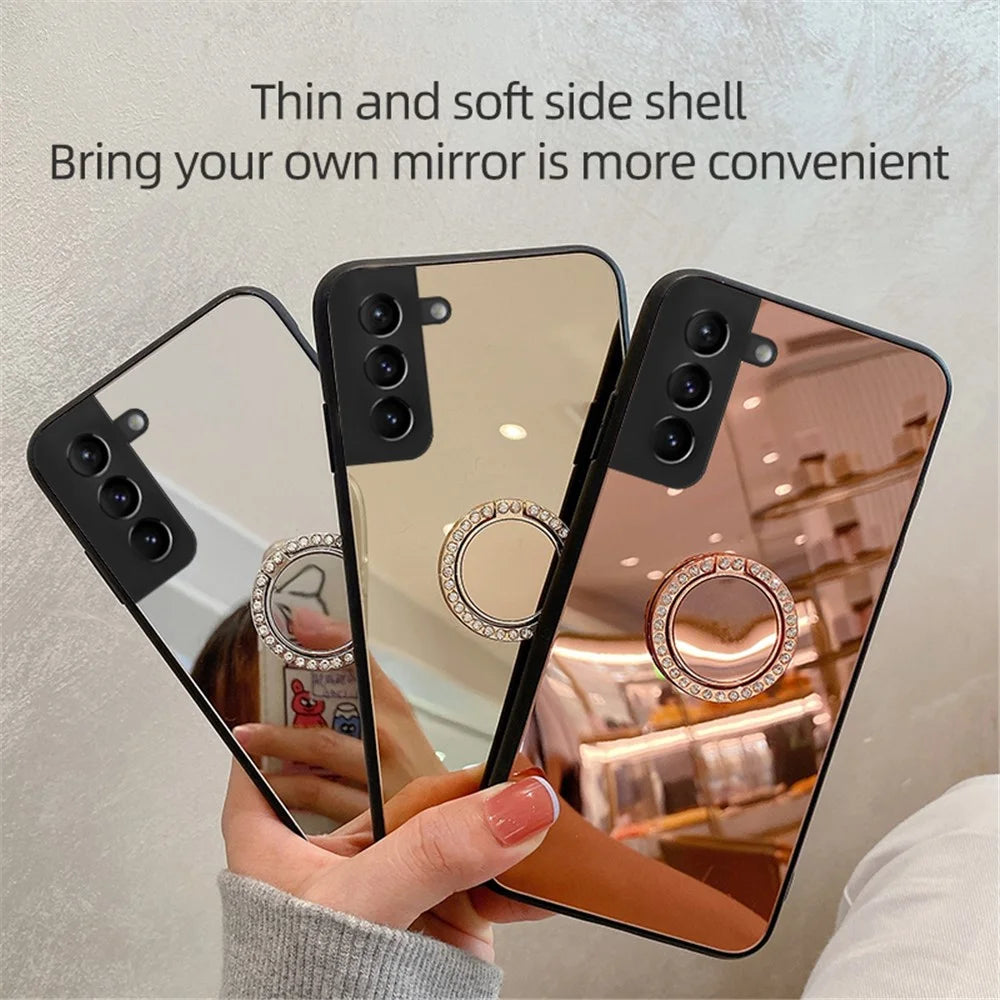 Mirror Design Ring-shaped Kickstand Stylish No Fingerprint TPU + PC Hybrid Cover Case for Samsung Galaxy S22 5G - Silver - 5