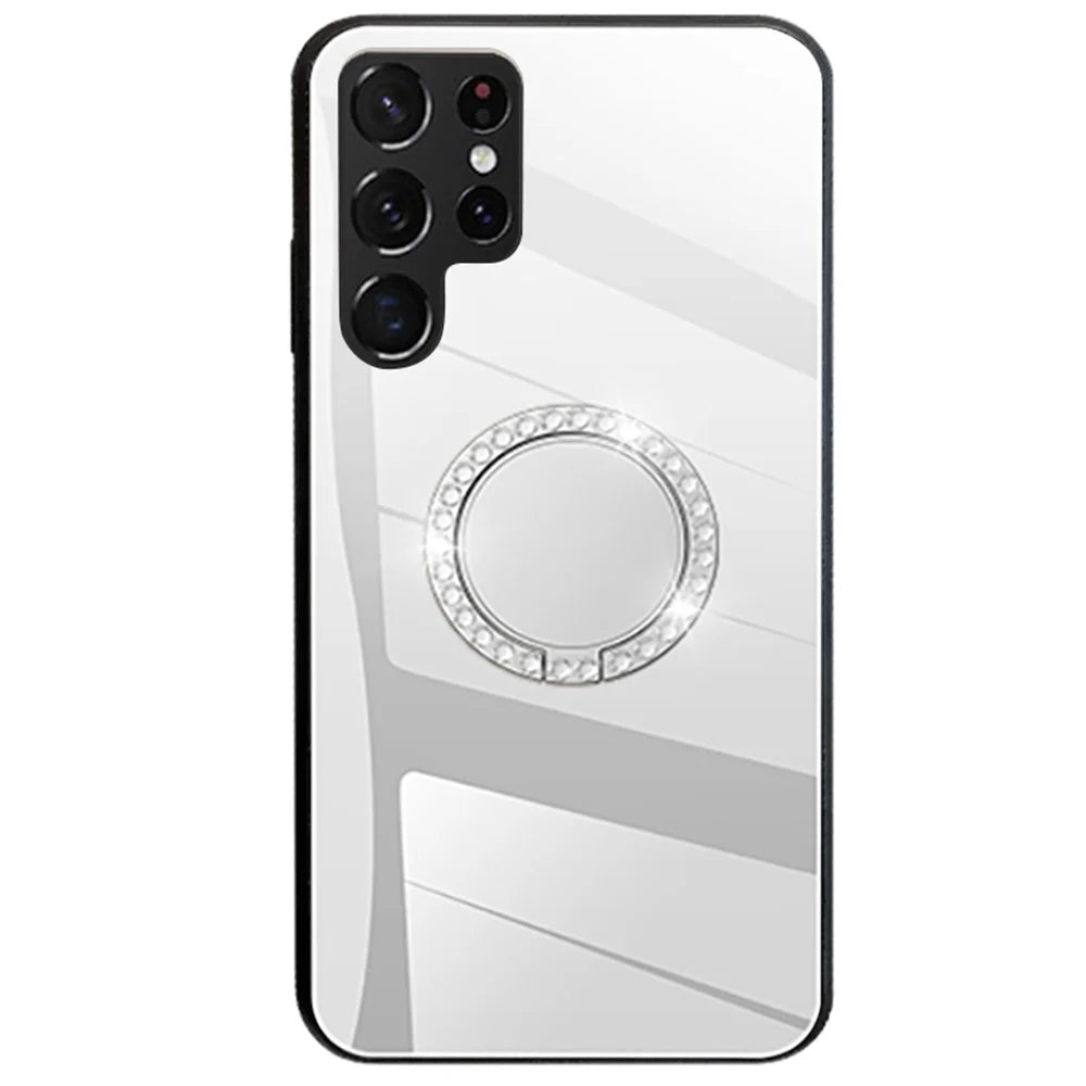 TPU Frame + PC Back Mirror Surface Ring Kickstand Design Protective Hybrid Cases for Samsung Galaxy S22 Ultra 5G - Silver - 1