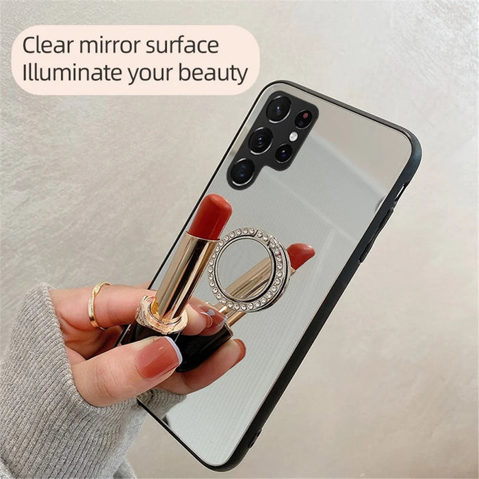 TPU Frame + PC Back Mirror Surface Ring Kickstand Design Protective Hybrid Cases for Samsung Galaxy S22 Ultra 5G - Silver - 2