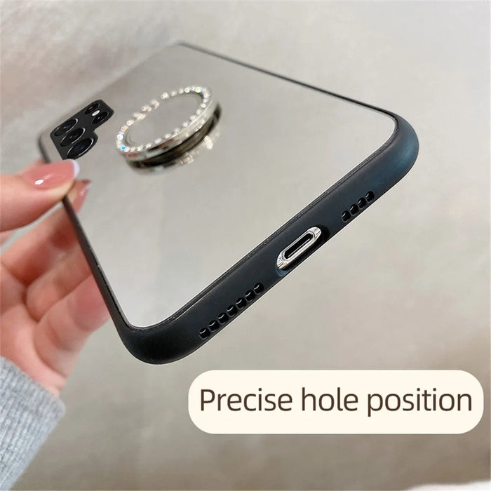 TPU Frame + PC Back Mirror Surface Ring Kickstand Design Protective Hybrid Cases for Samsung Galaxy S22 Ultra 5G - Silver - 3
