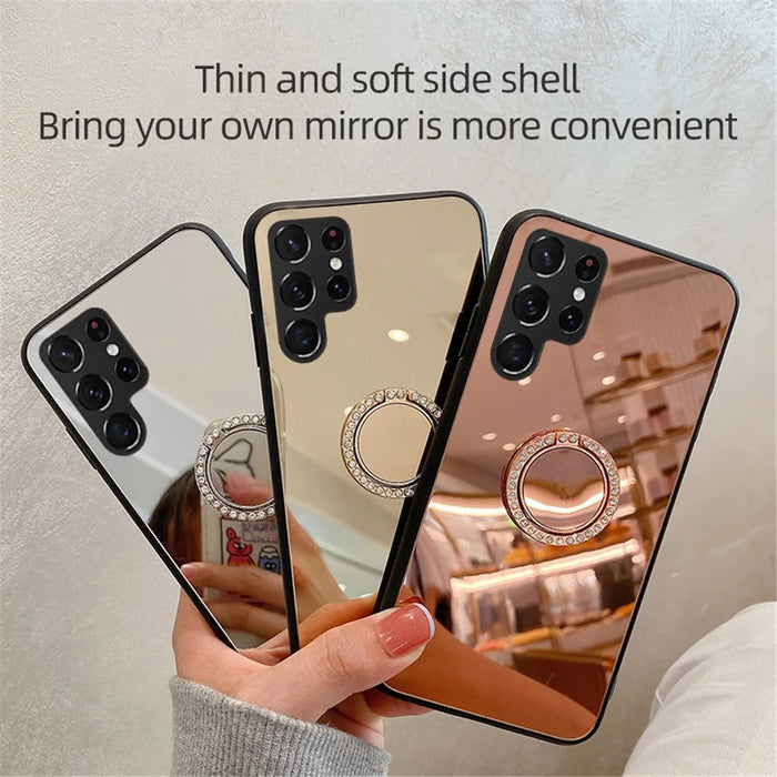 TPU Frame + PC Back Mirror Surface Ring Kickstand Design Protective Hybrid Cases for Samsung Galaxy S22 Ultra 5G - Silver - 5