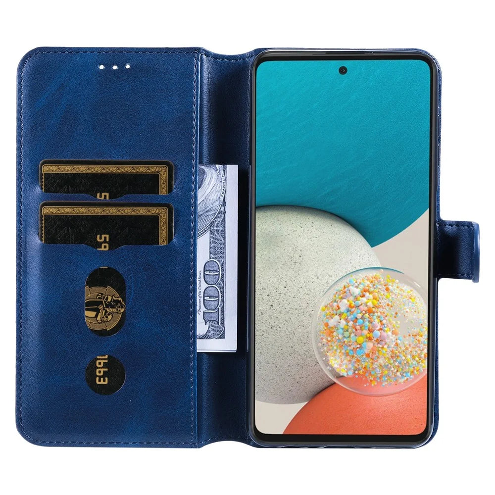 Solid Color Textured Leather Cover + Inner TPU Phone Case Stand Wallet Design Cellphone Cover for Samsung Galaxy A53 5G - Blue - 6