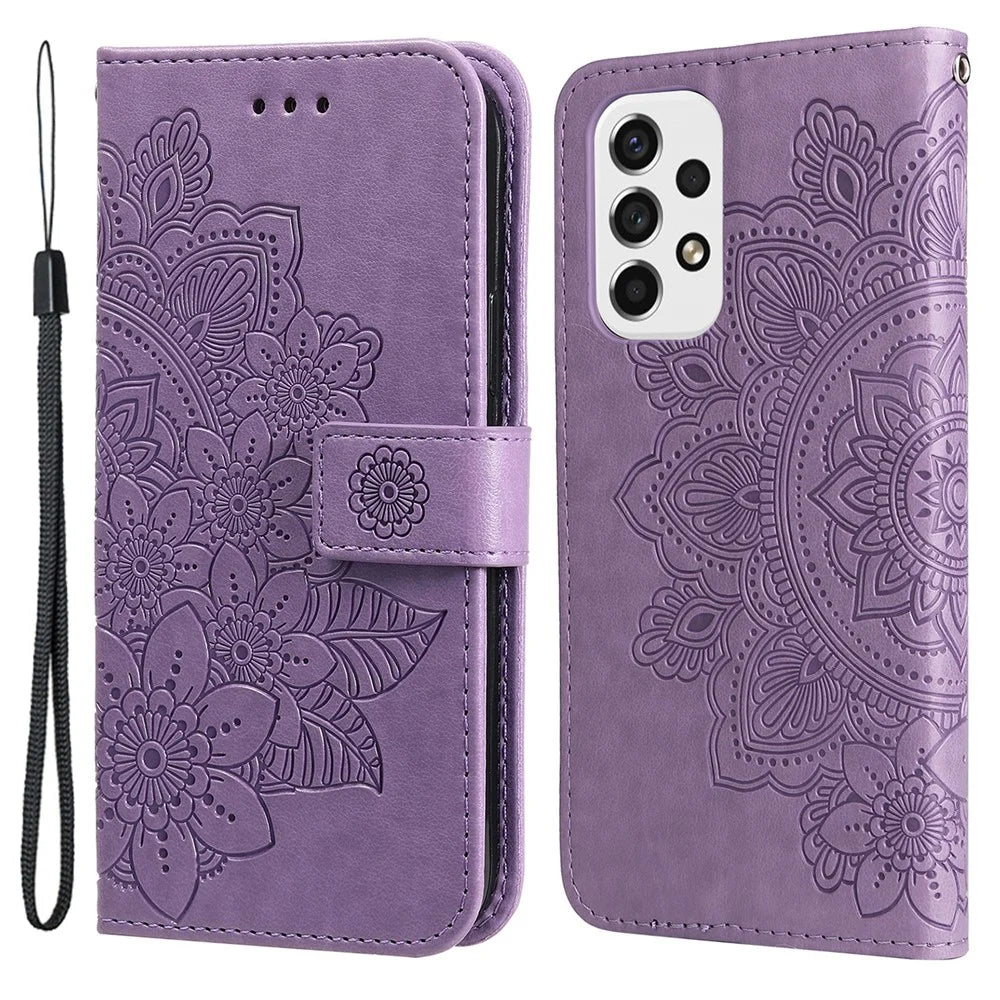For Samsung Galaxy A53 5G Case Floral Pattern PU Leather Wallet Stand Phone Cover - Purple - 1