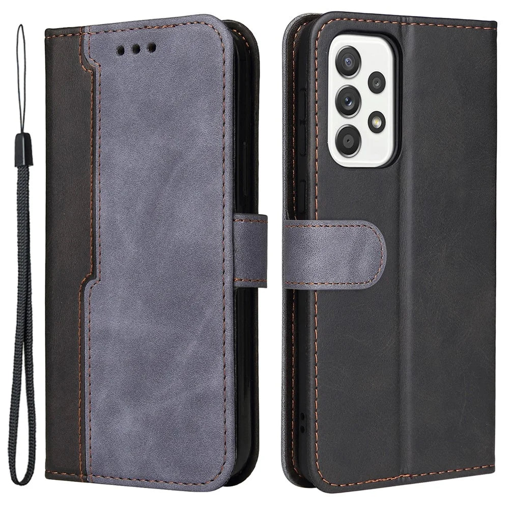Color Splicing Stand Wallet Function PU Leather Case Phone Cover with Wrist Strap for Samsung Galaxy A53 5G - Grey - 1