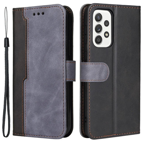 Color Splicing Stand Wallet Function PU Leather Case Phone Cover with Wrist Strap for Samsung Galaxy A53 5G - Grey - 1