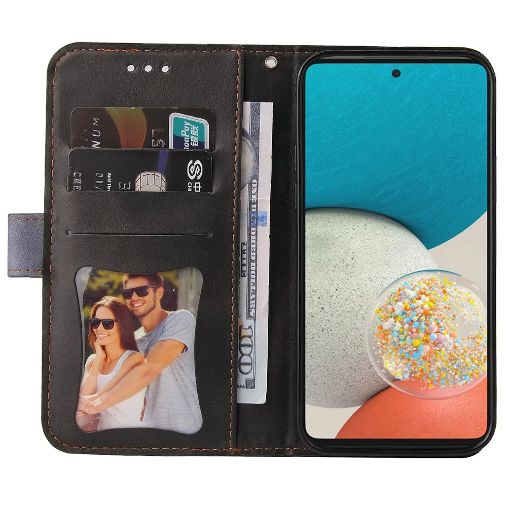 Color Splicing Stand Wallet Function PU Leather Case Phone Cover with Wrist Strap for Samsung Galaxy A53 5G - Grey - 6