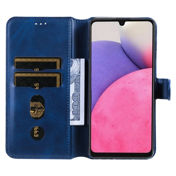 Solid Color Stand Wallet Design Textured Leather Cover + Inner TPU Phone Case for Samsung Galaxy A33 5G - Blue - 6