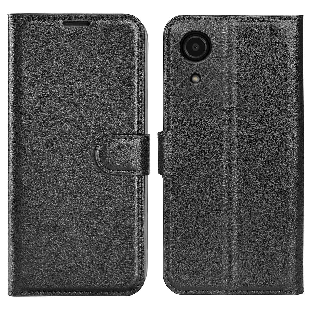 Scratch-resistant PU Leather Coated TPU Mobile Phone Case Litchi Texture Stand Wallet Flip Protective Phone Cover for Samsung Galaxy A03 Core - Black - 1