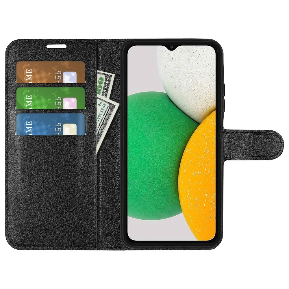 Scratch-resistant PU Leather Coated TPU Mobile Phone Case Litchi Texture Stand Wallet Flip Protective Phone Cover for Samsung Galaxy A03 Core - Black - 2
