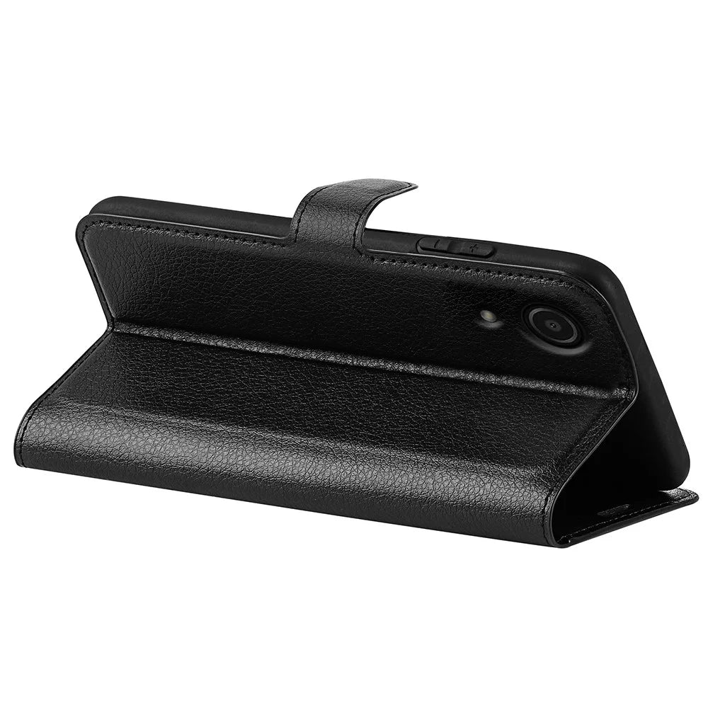 Scratch-resistant PU Leather Coated TPU Mobile Phone Case Litchi Texture Stand Wallet Flip Protective Phone Cover for Samsung Galaxy A03 Core - Black - 4