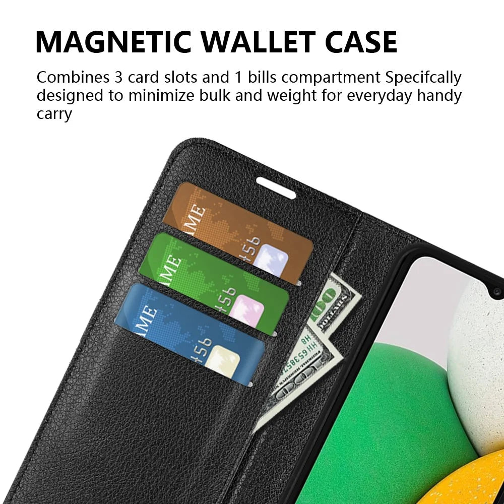 Scratch-resistant PU Leather Coated TPU Mobile Phone Case Litchi Texture Stand Wallet Flip Protective Phone Cover for Samsung Galaxy A03 Core - Black - 5