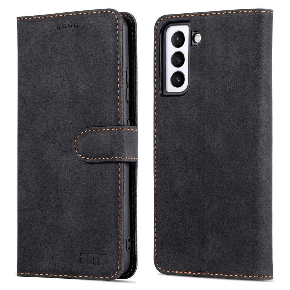 AZNS Wallet Stand PU Leather Full Protection Phone Case Cover for Samsung Galaxy S22+ 5G - Black - 1