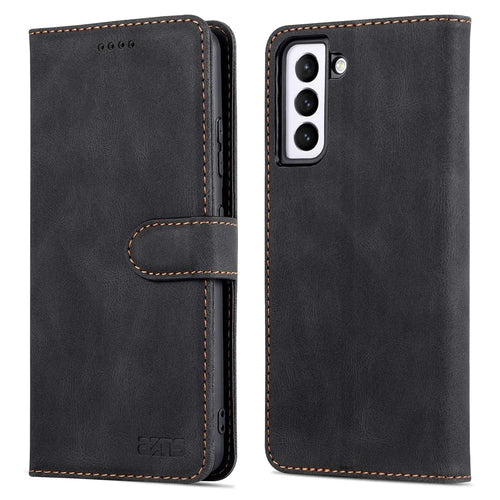 AZNS Wallet Stand PU Leather Full Protection Phone Case Cover for Samsung Galaxy S22+ 5G - Black - 1