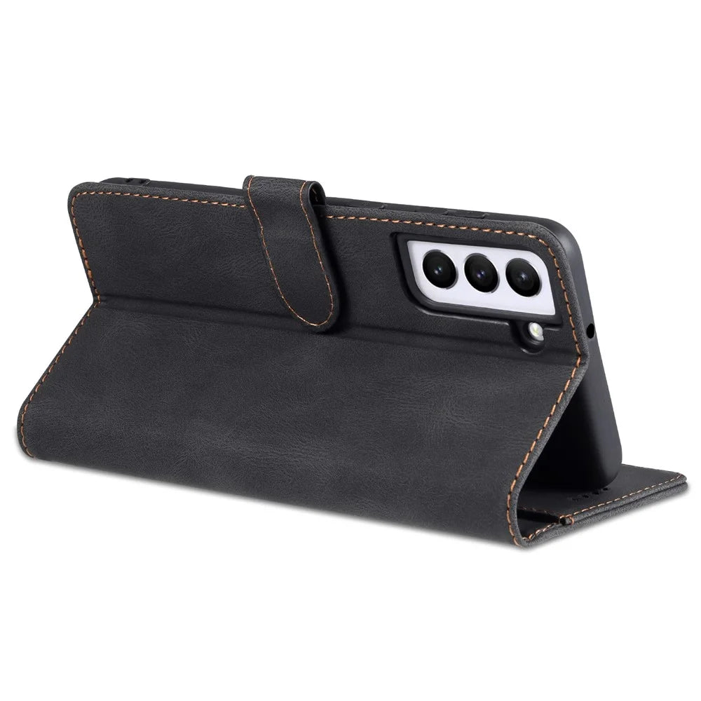 AZNS Wallet Stand PU Leather Full Protection Phone Case Cover for Samsung Galaxy S22+ 5G - Black - 6