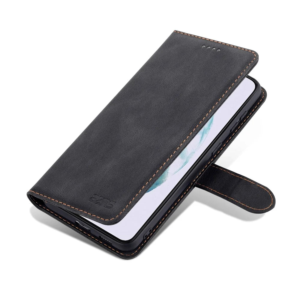 AZNS Wallet Stand PU Leather Full Protection Phone Case Cover for Samsung Galaxy S22+ 5G - Black - 7