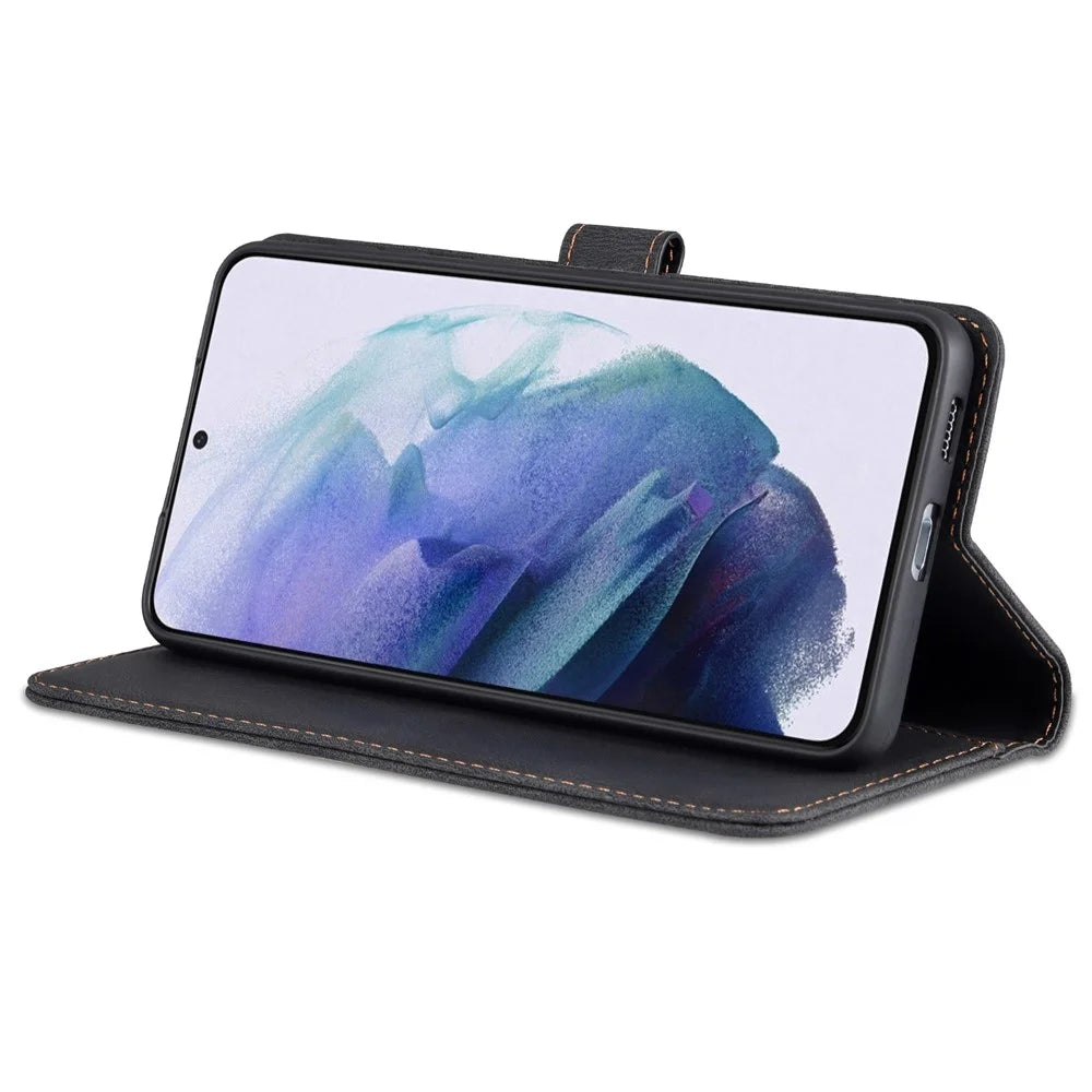 AZNS Wallet Stand Leather Case Magnetic Closure Anti-fall Flip Phone Case Protector for Samsung Galaxy S22 5G - Black - 5