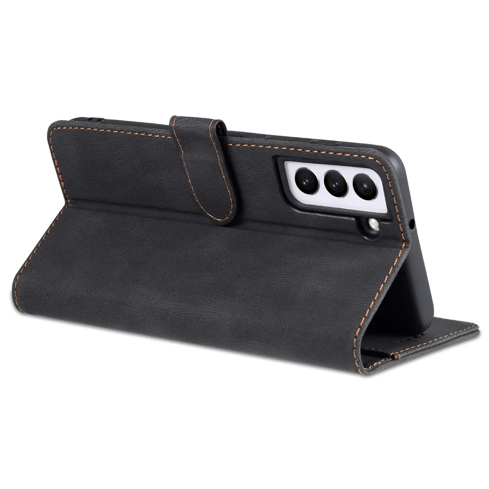 AZNS Wallet Stand Leather Case Magnetic Closure Anti-fall Flip Phone Case Protector for Samsung Galaxy S22 5G - Black - 6