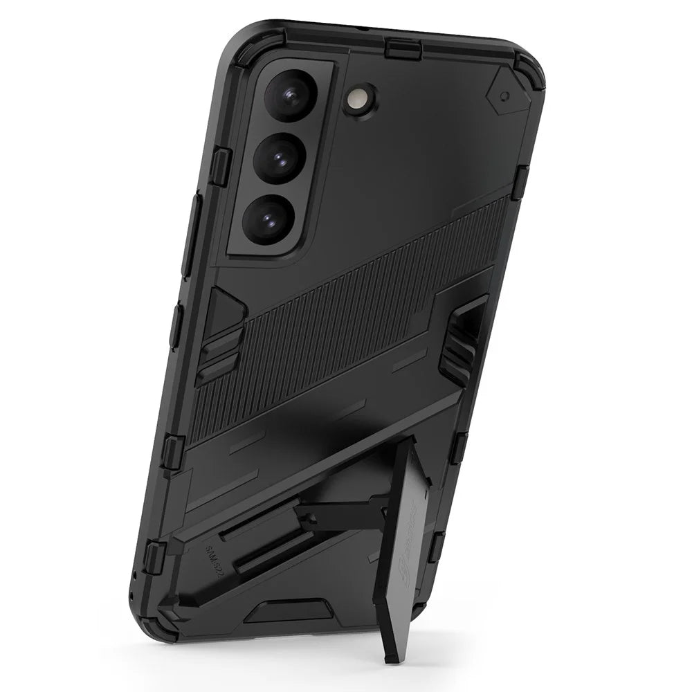 Kickstand Design Flexible TPU + Hard PC Back Phone Cover Anti-Scratch Cellphone Case for Samsung Galaxy S22 5G - Black - 3