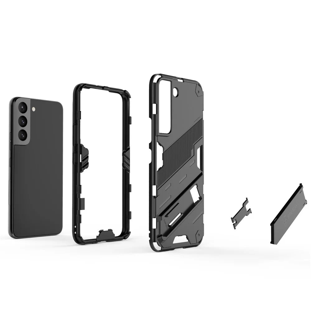 Kickstand Design Flexible TPU + Hard PC Back Phone Cover Anti-Scratch Cellphone Case for Samsung Galaxy S22 5G - Black - 5