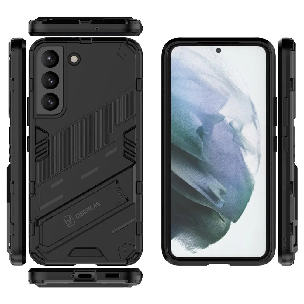 Kickstand Design Flexible TPU + Hard PC Back Phone Cover Anti-Scratch Cellphone Case for Samsung Galaxy S22 5G - Black - 6