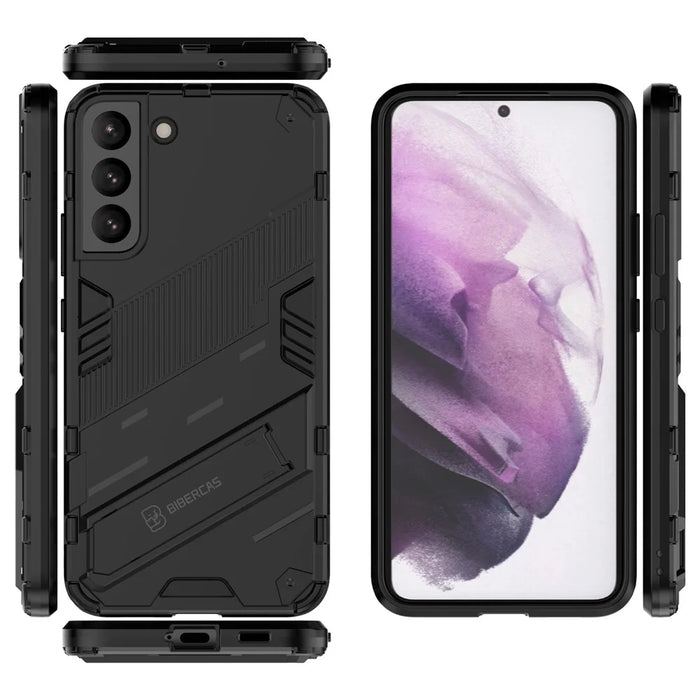 Soft TPU + Hard PC Back Phone Cover Anti-Scratch Cellphone Case with Kickstand for Samsung Galaxy S22+ 5G - Black - 6