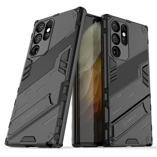 Shockproof TPU + PC Phone Back Cover Cellphone Case with Kickstand for Samsung Galaxy S22 Ultra 5G - Black - 1
