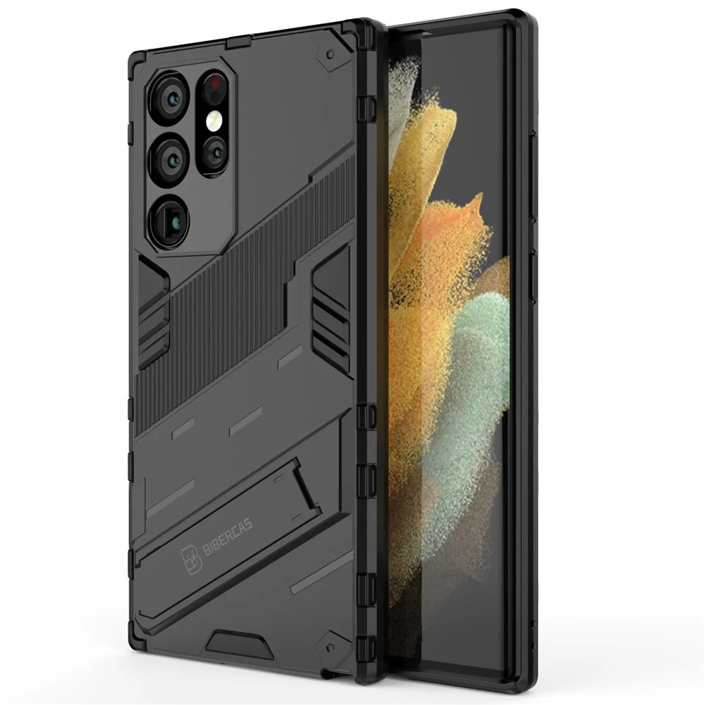Shockproof TPU + PC Phone Back Cover Cellphone Case with Kickstand for Samsung Galaxy S22 Ultra 5G - Black - 2